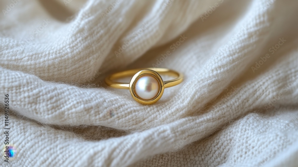 Elegant Gold Ring with Freshwater Pearl on Soft Linen Textile Elegant Gold Ring with Freshwater Pearl on Soft Linen Textile