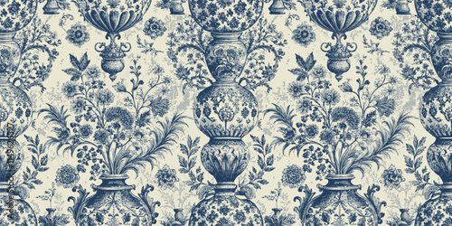 Elegant blue and white floral wallpaper pattern featuring vases and botanical motifs.
