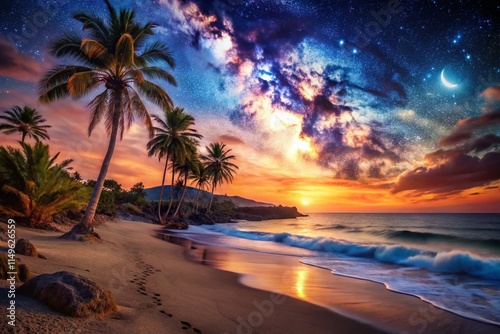 Fototapeta Naklejka Na Ścianę i Meble -  Sicilian Sunset Beach: Dramatic Night Sky Over Sandy Shore