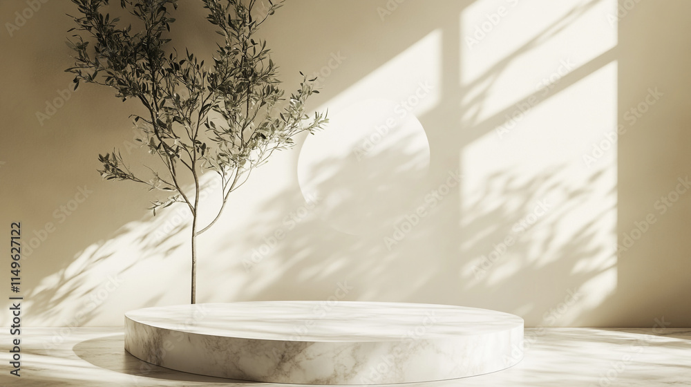 Minimalist indoor space featuring a circular marble surface and a tree. Minimalist indoor space featuring a circular marble surface and a tree.