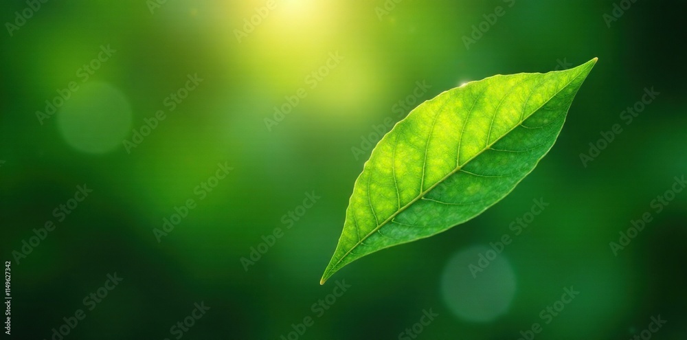Single green leaf caught in a beam of light with gentle glow, nature, plant, garden Single green leaf caught in a beam of light with gentle glow, nature, plant, garden