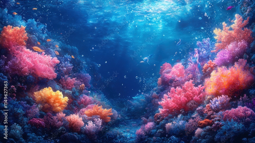 Obraz premium Vibrant coral reef, colorful fish, underwater scene.