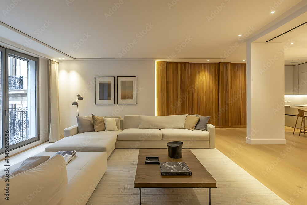 Fototapeta premium Modern living room interior design with beige sofa, wooden wall, and large windows.