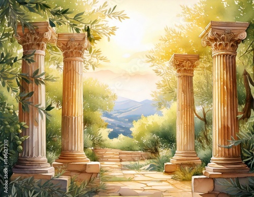 Ancient Greek columns surrounded by watercolor olive branches and soft sunlight with empty copy space