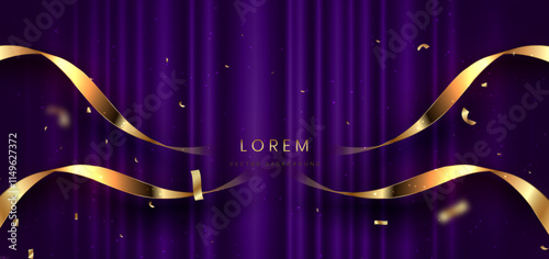 Purple curtain background. Golden confetti banner and ribbon on white background.