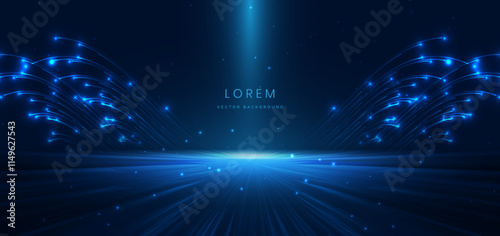 Abstract scene elegant blue light lines on dark background with lighting effect and sparkle.