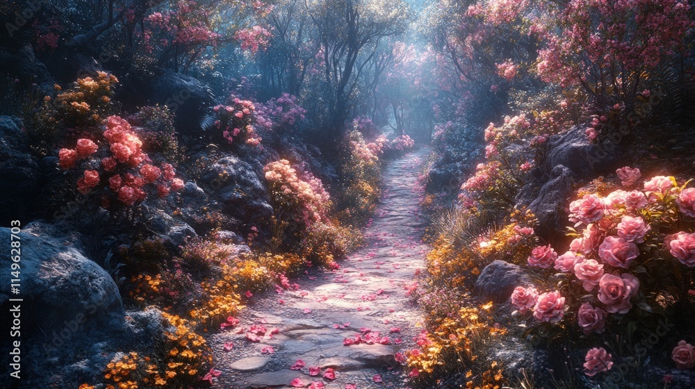 Obraz premium Stone path through a magical, blooming forest.