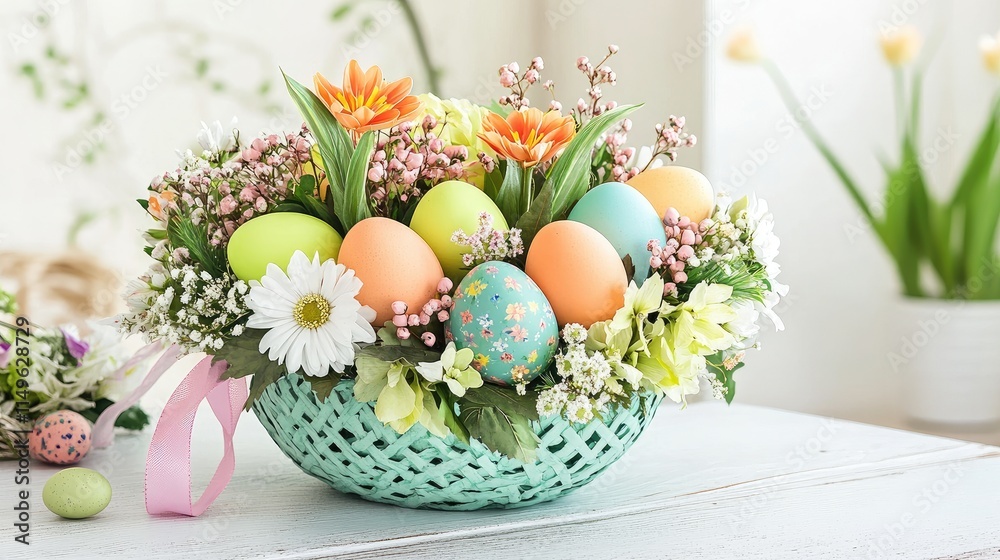Vibrant Easter basket filled with colorful eggs, flowers, and ribbons, placed on a white wooden table. Vibrant Easter basket filled with colorful eggs, flowers, and ribbons, placed on a white wooden table.