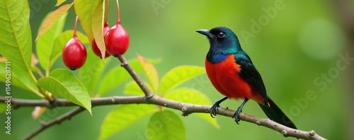 A tui's colorful plumage against the green leaves of a Taiwan cherry tree, tui prosthemadera novaeseelandiae, nectar, Taiwan cherry tree photo