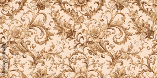 Elegant floral damask pattern in warm brown tones on a soft beige background.