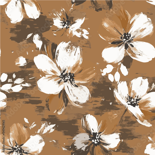 Vecter seamless pattern of brushstrokes Ink Painted Creamy Flowers