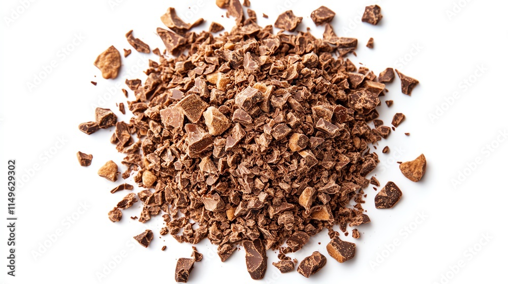 A pile of dark chocolate chips on a white background. A pile of dark chocolate chips on a white background.