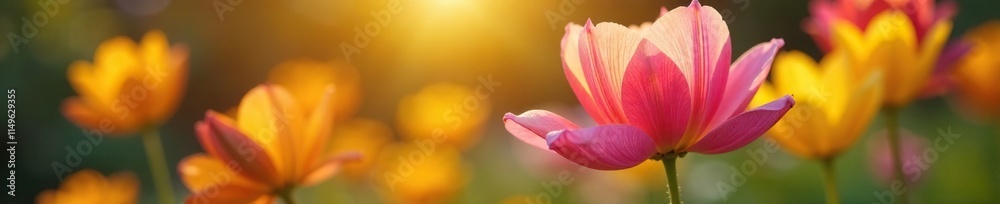 Delicate petals unfolding from tight buds, revealing vibrant hues of pink and yellow in the morning sunlight, garden, flowers, color Delicate petals unfolding from tight buds, revealing vibrant hues of pink and yellow in the morning sunlight, garden, flowers, color