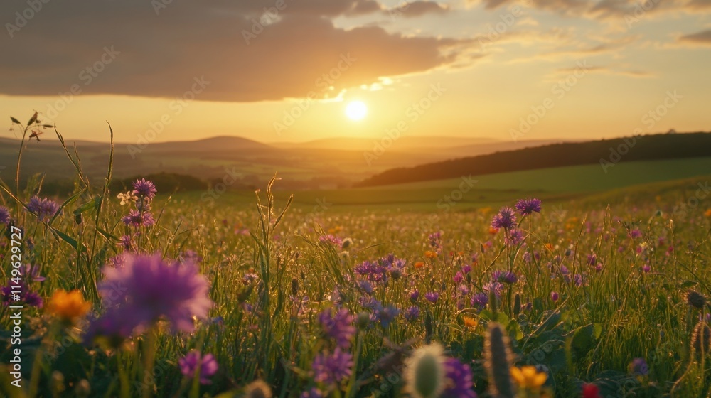Obraz premium Vibrant Wildflowers Under a Golden Sunset in a Serene Landscape