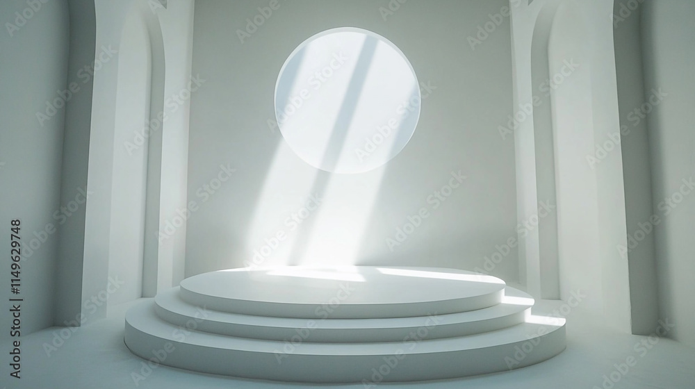 Modern architectural interior with circular window and light rays. Modern architectural interior with circular window and light rays.
