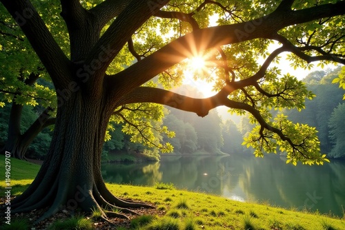 Diospyros decandra tree branches stretching towards sunlight, tree, deciduous, tropical photo