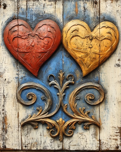 An ornate carving of two hearts in weathered wood, painted in Ukrainian flag colors, with detailed textures and traditional architectural elements