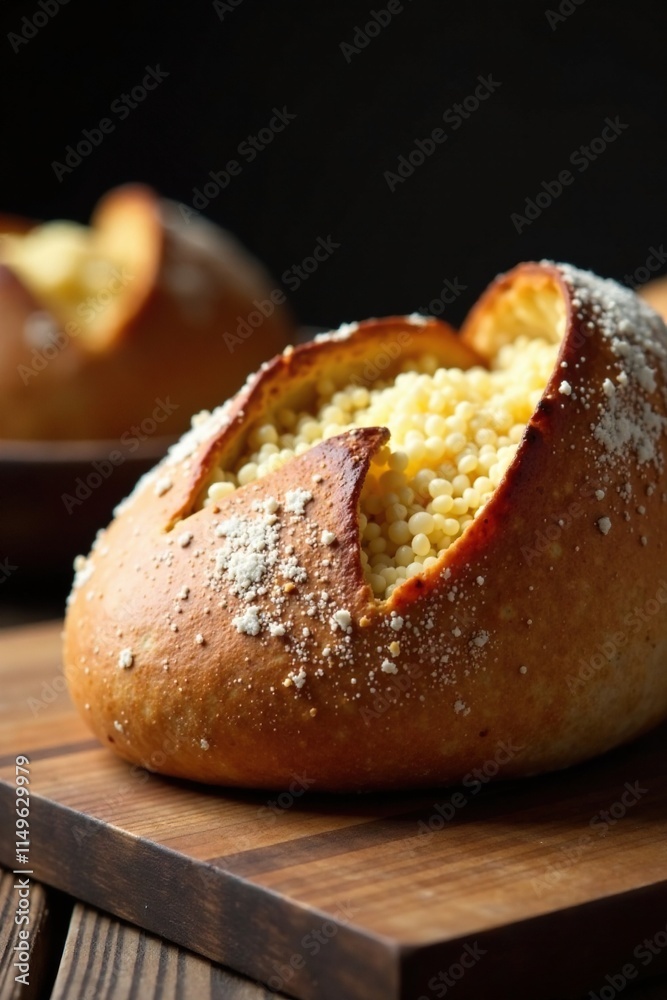Freshly baked artisan bread on a wooden table, crusty, bread Freshly baked artisan bread on a wooden table, crusty, bread