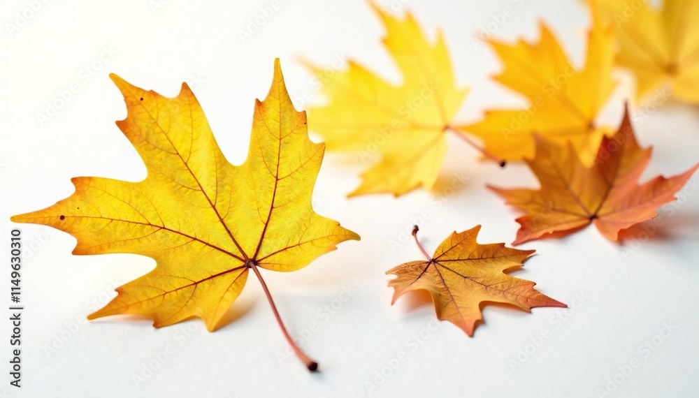 Individual beech leaves in shades of golden yellow against a bright white surface, beech leaves, autumn leaves, seasonal leaves Individual beech leaves in shades of golden yellow against a bright white surface, beech leaves, autumn leaves, seasonal leaves