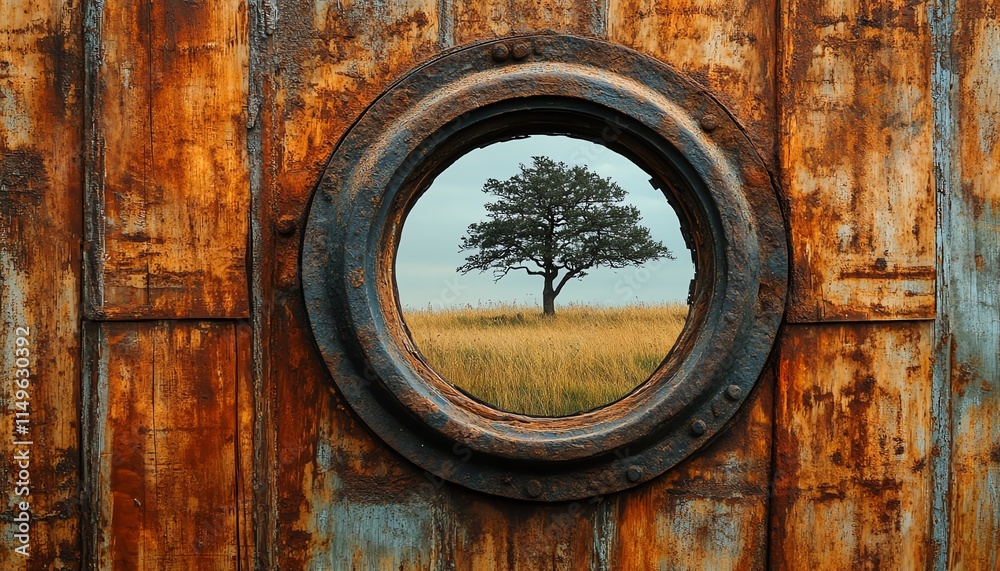 Closeup of an old rusty closed porthole window with a lonely tree standing on a meadow, framed by rich wood grain texture with visible knots Closeup of an old rusty closed porthole window with a lonely tree standing on a meadow, framed by rich wood grain texture with visible knots