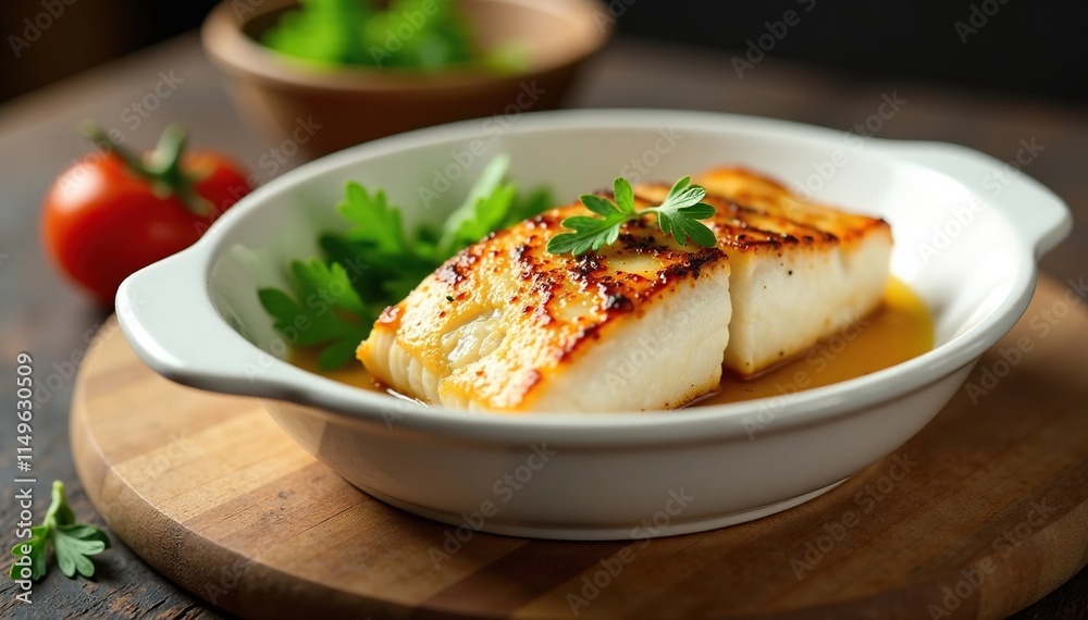 Moisture-seared filet of white fish baked in a delicate white ceramic container on a wooden cutting board, white fish, baked food, simple elegance Moisture-seared filet of white fish baked in a delicate white ceramic container on a wooden cutting board, white fish, baked food, simple elegance