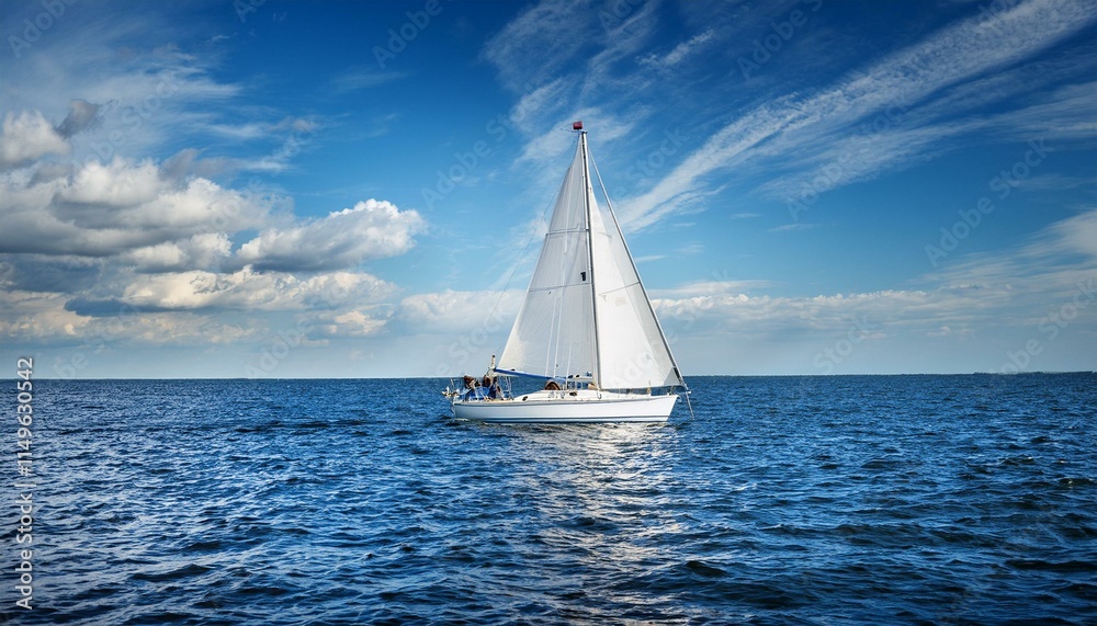 Obraz premium Generated image A sailboat with white sails glides through calm blue waters under a bright, cloudy sky