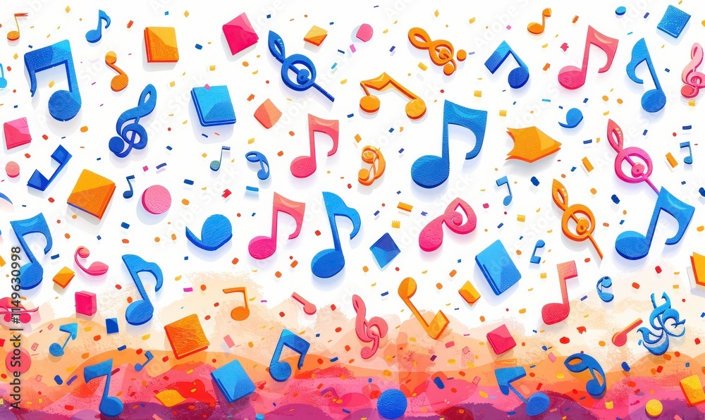 Vibrant sketch of musical notes flowing in a rhythm, creating an abstract backdrop filled with color and sound Vibrant sketch of musical notes flowing in a rhythm, creating an abstract backdrop filled with color and sound