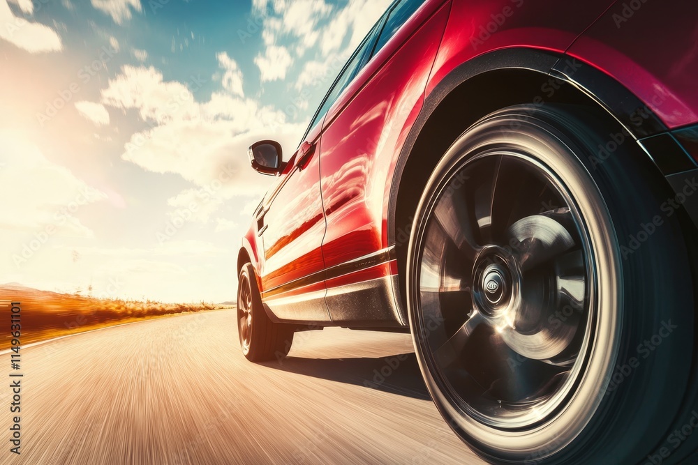 Red SUV car in motion blur driving fast on an asphalt road, adventure and travel concept.