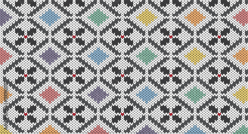 Rainbow geometric and grey flower on white knitted pattern, Festive Sweater Design. Seamless Knitted Pattern