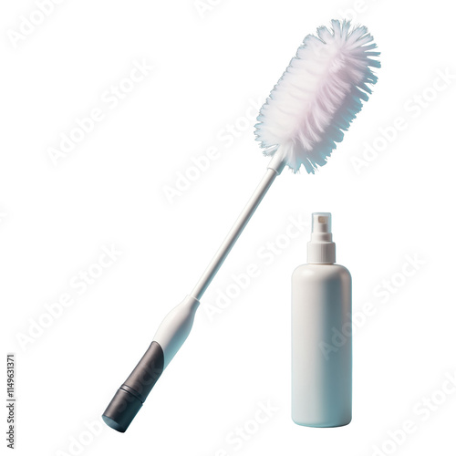White Feather Duster and Spray Bottle for Cleaning. Transparent background