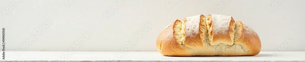 Softly lit round loaf of bread against a plain white wall with clear definition, light, loaf Softly lit round loaf of bread against a plain white wall with clear definition, light, loaf