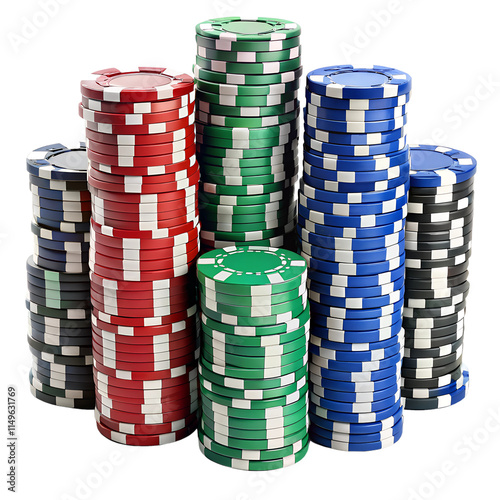 Stacks of casino poker chips isolated on transparent background