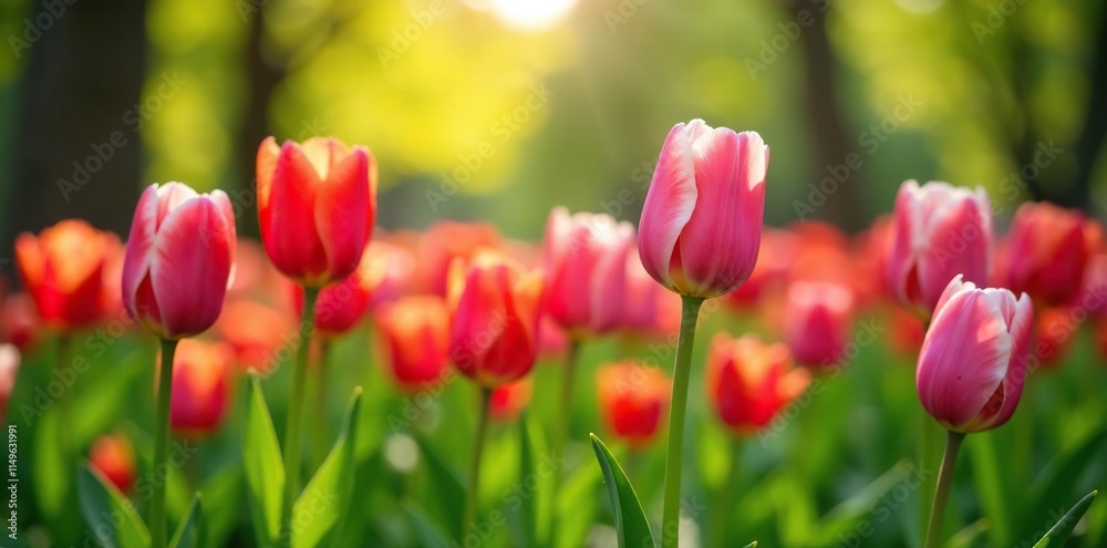 Tulip flowers swaying gently in a spring breeze, garden, trees, spring Tulip flowers swaying gently in a spring breeze, garden, trees, spring