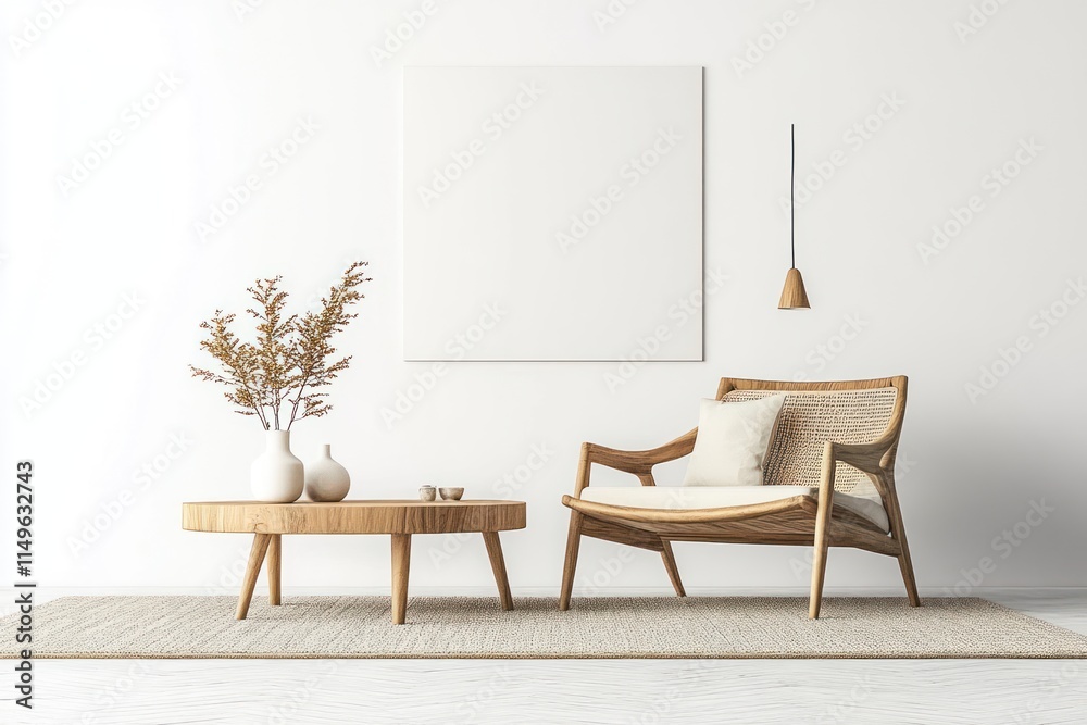 Fototapeta premium Cozy Wooden Armchair and Coffee Table in Home Interior with Lamps over White Wall - 3D Rendering