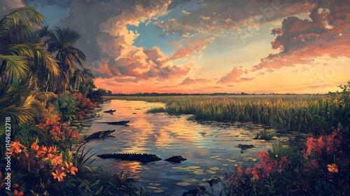 Alligators Resting in a Sunset Swamp Scene