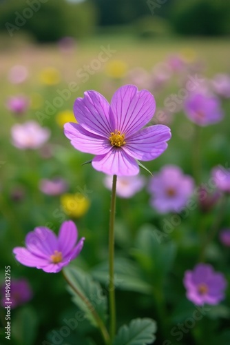 A single white-spotted purple primrose in a field of flowers, garden, flowers