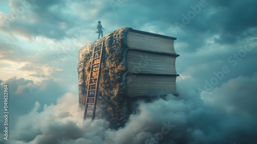 Boy standing atop giant book ladder reaching towards cloudy sky concept of imagination