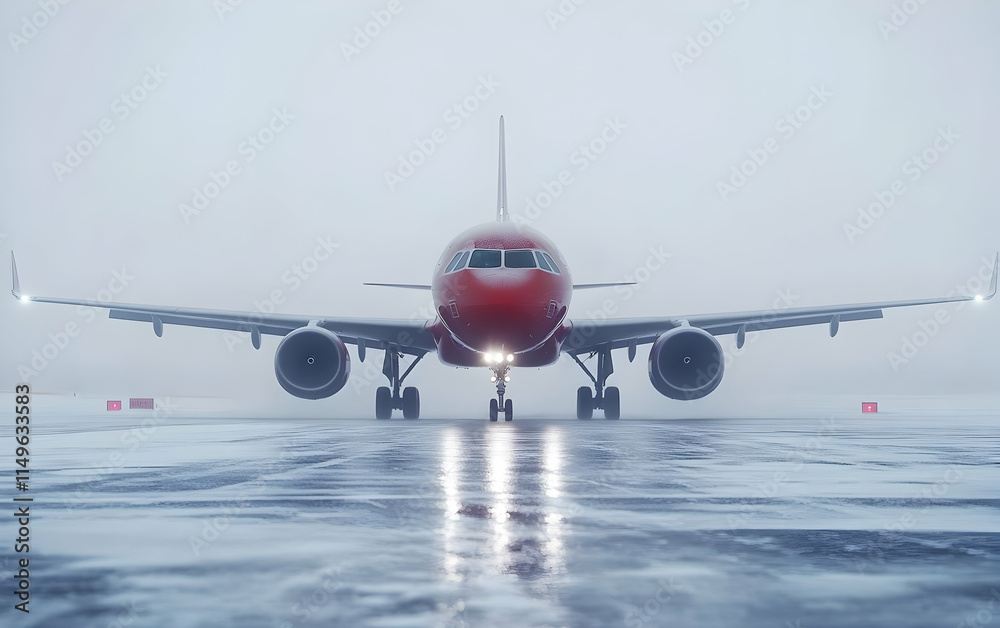 Naklejka premium A red airplane on a runway in foggy weather, emphasizing transport and travel.