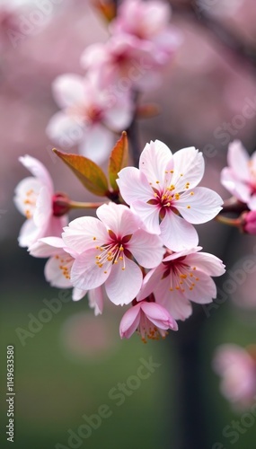 Delicate pink blooms on a blooming white cherry blossom tree branch selective focus vintage filtered, springtime, seasonal