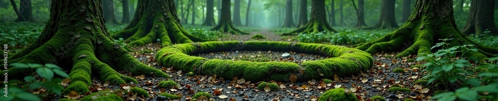 Eerie forest floor features moss-covered stone circle, moss, stone circle, weathered Eerie forest floor features moss-covered stone circle, moss, stone circle, weathered