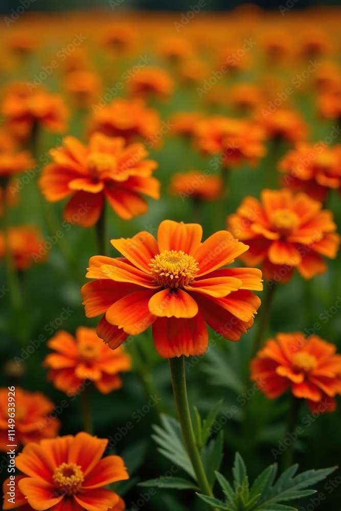 Field of vibrant marigold flowers with bright yellow pollen and crimson petals in full bloom, color, crimson Field of vibrant marigold flowers with bright yellow pollen and crimson petals in full bloom, color, crimson