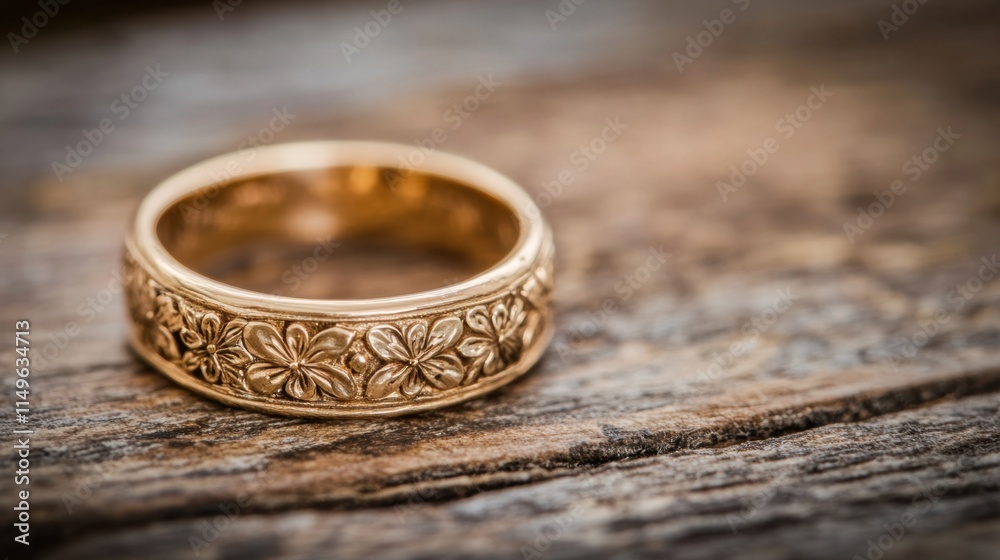 Elegant Golden Ring with Floral Design on Rustic Wooden Surface Elegant Golden Ring with Floral Design on Rustic Wooden Surface