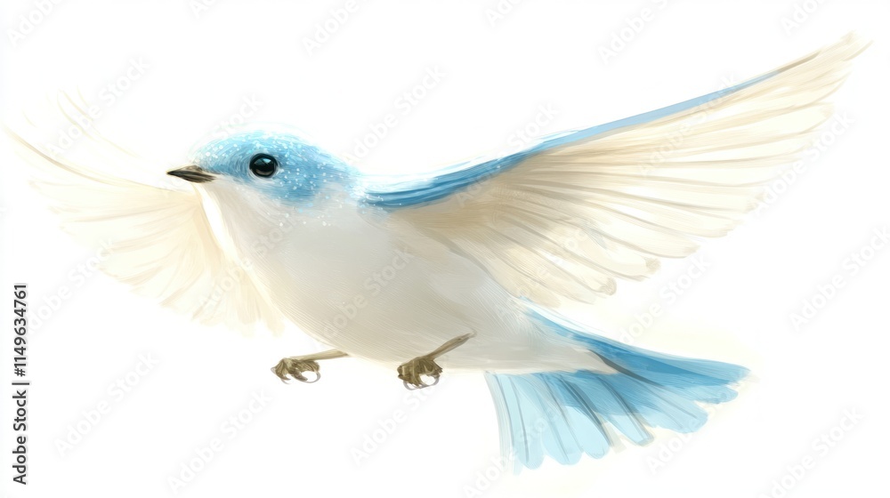Obraz premium A small blue and white bird in flight, wings spread wide, against a white background.