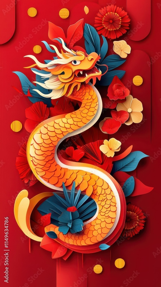 Fototapeta premium Animated depiction of a snake, wrapped in vibrant colors and New Year symbols, wishing viewers wealth and happiness.