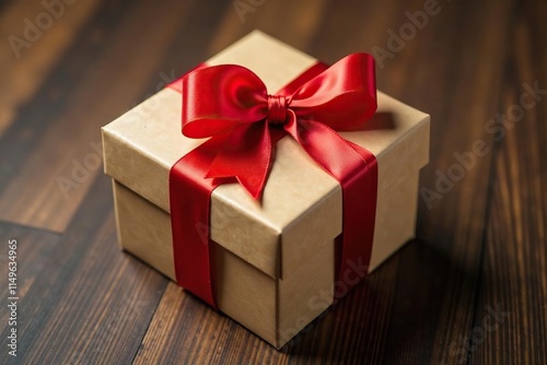 Red ribbon unwrapped from a gift box on a wooden table, gift, reveal, brown