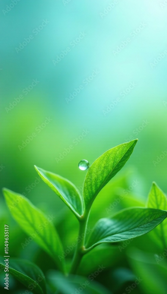 Single Drop of Water on Fresh Green Foliage Against Light Blue Sky, botanical, misty effect Single Drop of Water on Fresh Green Foliage Against Light Blue Sky, botanical, misty effect