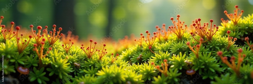 Sphagnum moss carpeted landscape with sundew plants, carnivorous plant life, unique ecosystem Sphagnum moss carpeted landscape with sundew plants, carnivorous plant life, unique ecosystem