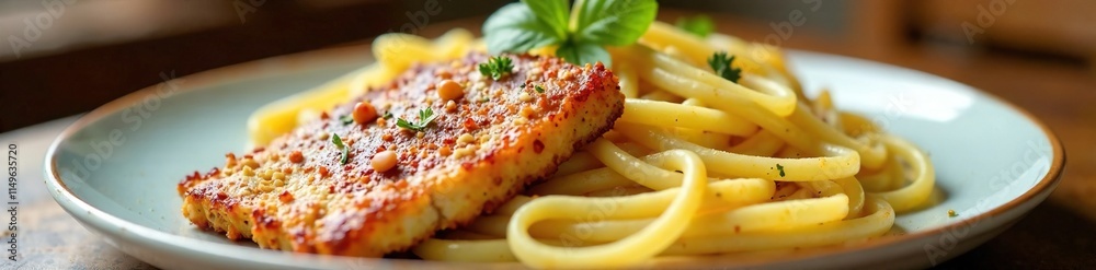 Thinly sliced beef cutlet on a plate with pasta and sour cream sauce, savory pasta, Austrian cuisine, rindsschnitzel Thinly sliced beef cutlet on a plate with pasta and sour cream sauce, savory pasta, Austrian cuisine, rindsschnitzel