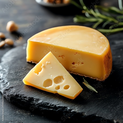 A round of cheese with a slice cut off on a black slate serving board with rosemary sprigs, and a few hazelnuts in the background. photo