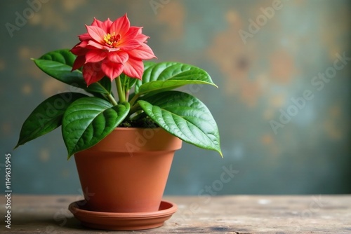 Vintage looking terracotta pot with Begonia rex cultorum as the centerpiece, garden decor, floral arrangement, collectible plant photo